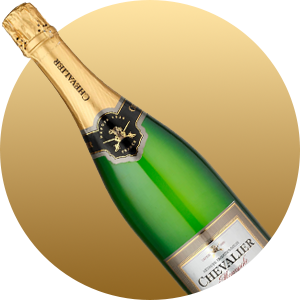 Green champagne bottle with gold foil, black and gold collar, and a label that reads 'CHEVALIER' on a gradient gold background.