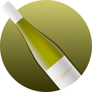 Diagonal view of a white wine bottle with a white cap and a Stonehouse label on a gradient background.