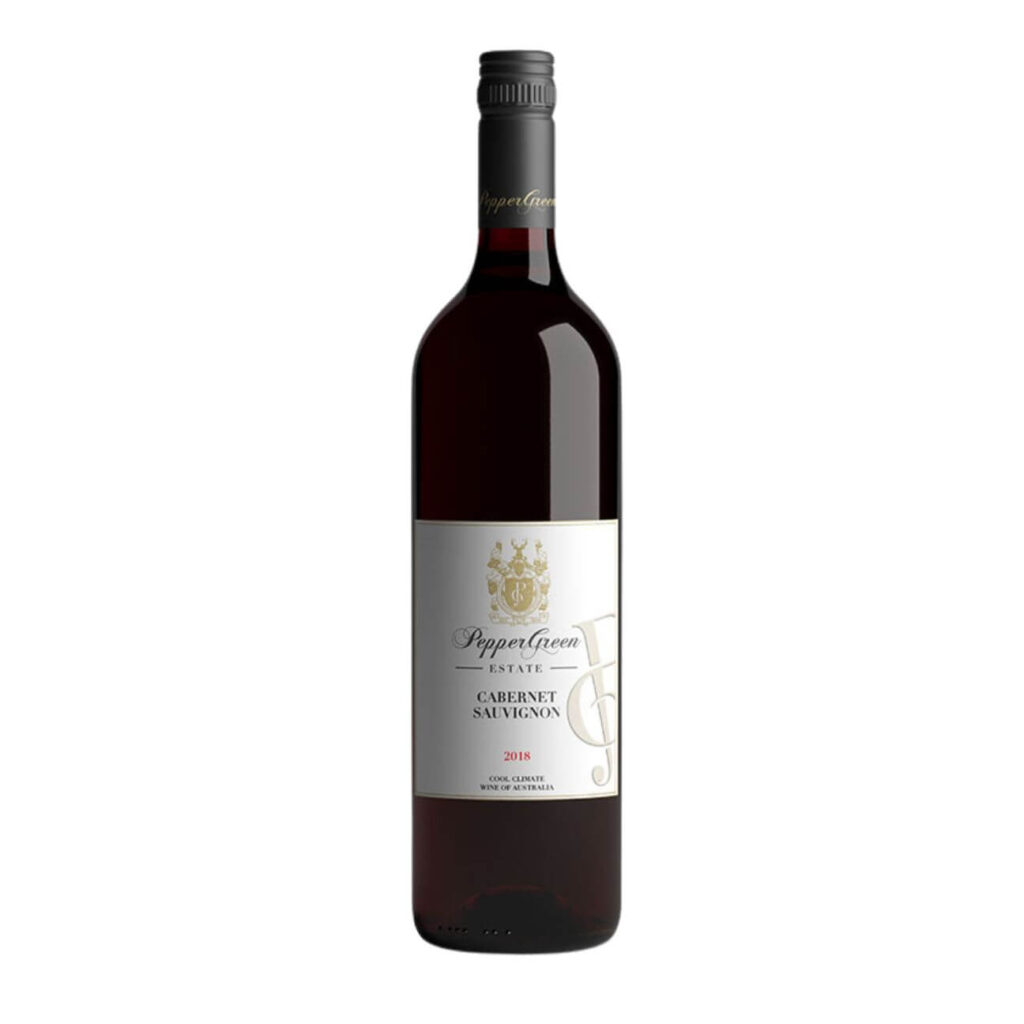 Bottle of PepperGreen Estate Cabernet Sauvignon red wine, 2018, with gold crest on label.