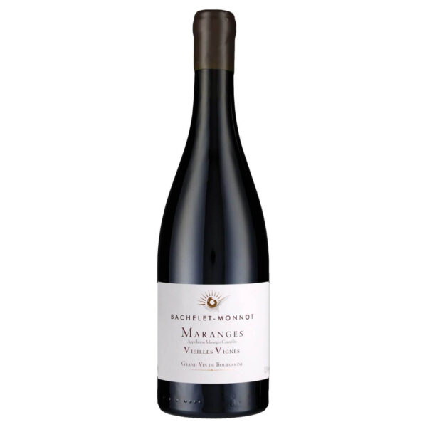 Dark glass wine bottle with brown foil cap and a white label reading Bachelet-Monnot Maranges Vieilles Vignes against a white background in an upright pose.