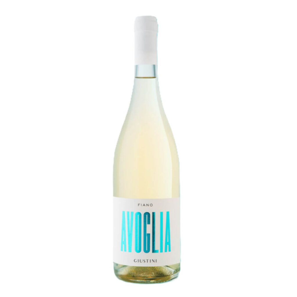 White wine bottle with pale-yellow liquid and a white label featuring bold turquoise vertical text and a white capsule cap on top, against a white background.