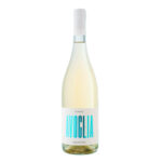 White wine bottle with pale-yellow liquid and a white label featuring bold turquoise vertical text and a white capsule cap on top, against a white background.