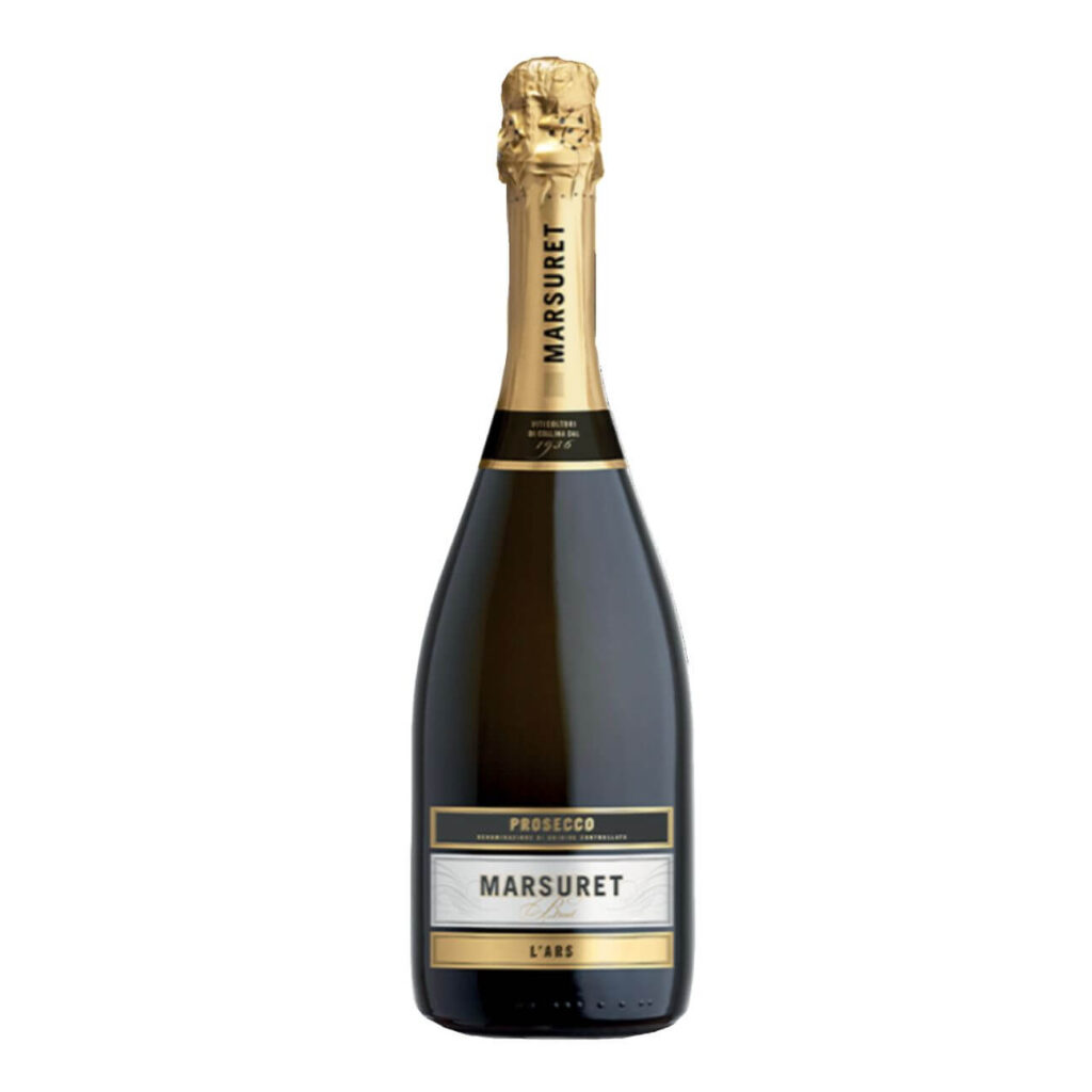 Marsuret Prosecco bottle with a gold foil neck and front label reading Marsuret L'Ars (sparkling wine)