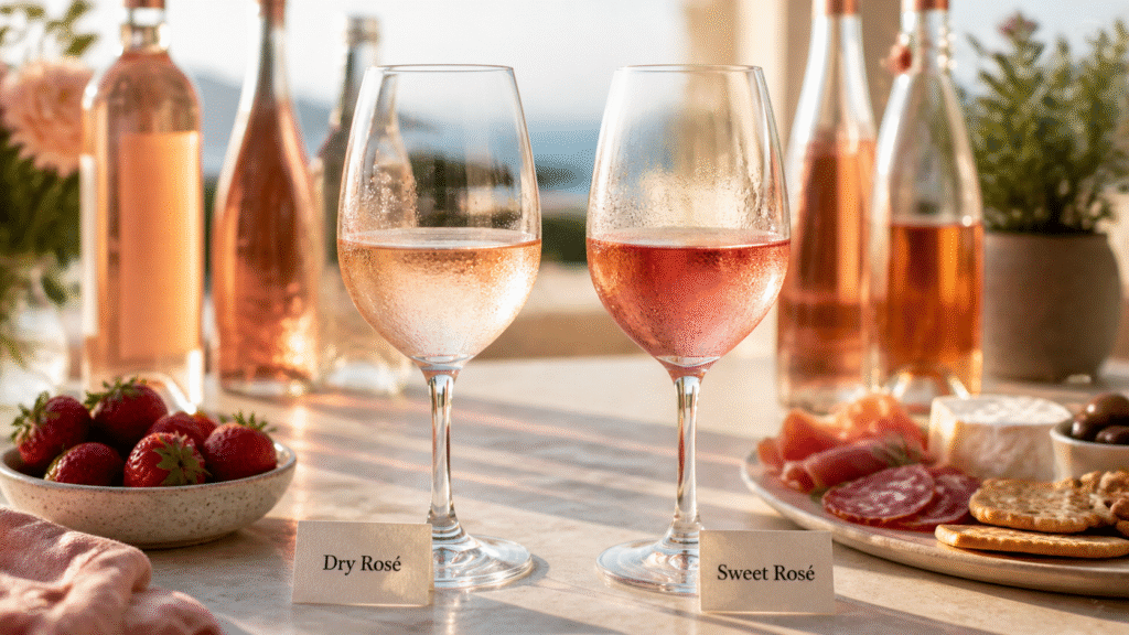 Two rosé wine glasses on a sunlit table beside bottles, with strawberries, cheese, and crackers; labels read Dry Rosé and Sweet Rosé.