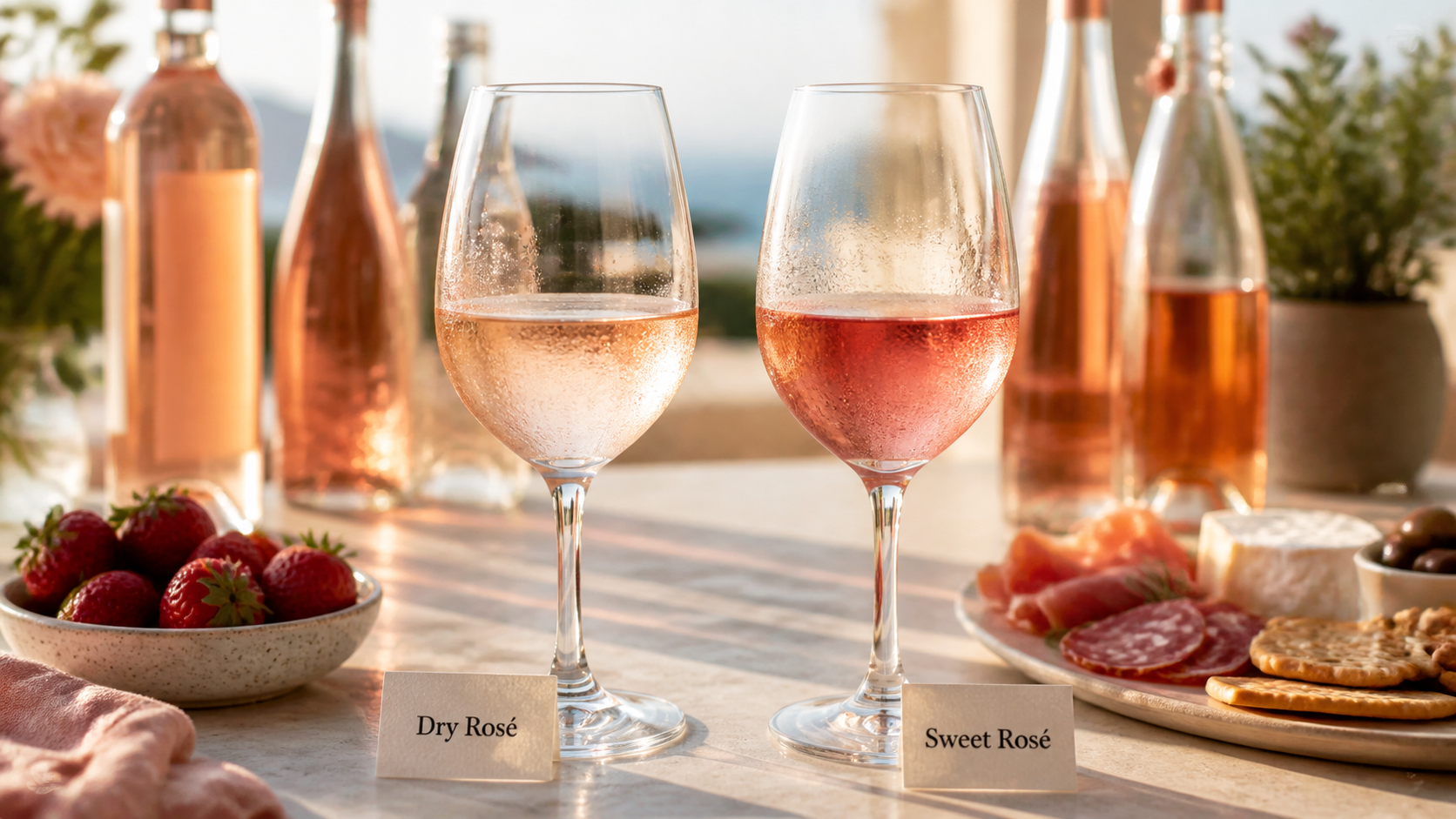 Two rosé wine glasses on a sunlit table beside bottles, with strawberries, cheese, and crackers; labels read Dry Rosé and Sweet Rosé.