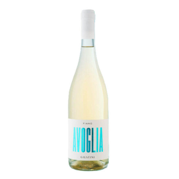 White wine bottle with pale-yellow liquid and a white label featuring bold turquoise vertical text and a white capsule cap on top, against a white background.