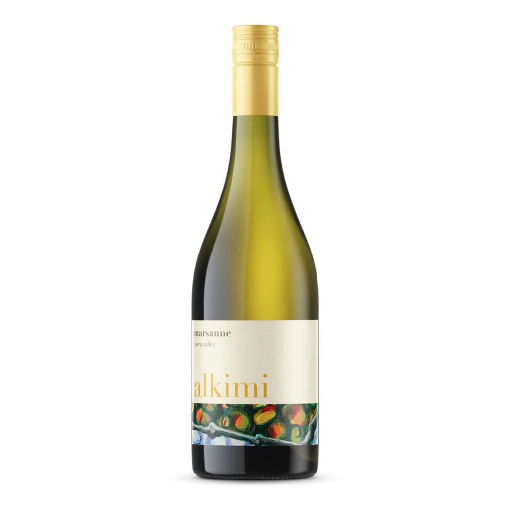 Bottle of white wine with a cream label and colorful artwork at the bottom, standing upright on a white background.