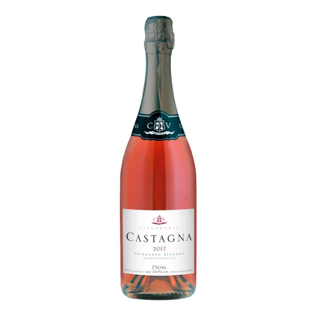Rosé sparkling wine bottle labeled Castagna 2017 with dark foil and white label at the bottom image-centered view.