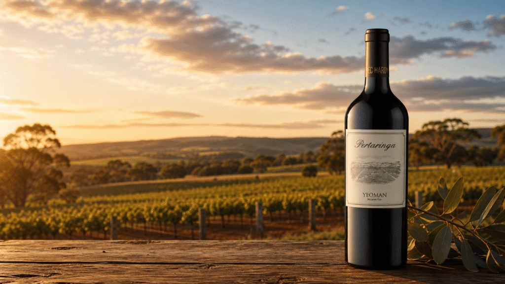 Bottle of Pertaringa Yeoman red wine on a weathered wooden table with a vineyard at sunset in the background.