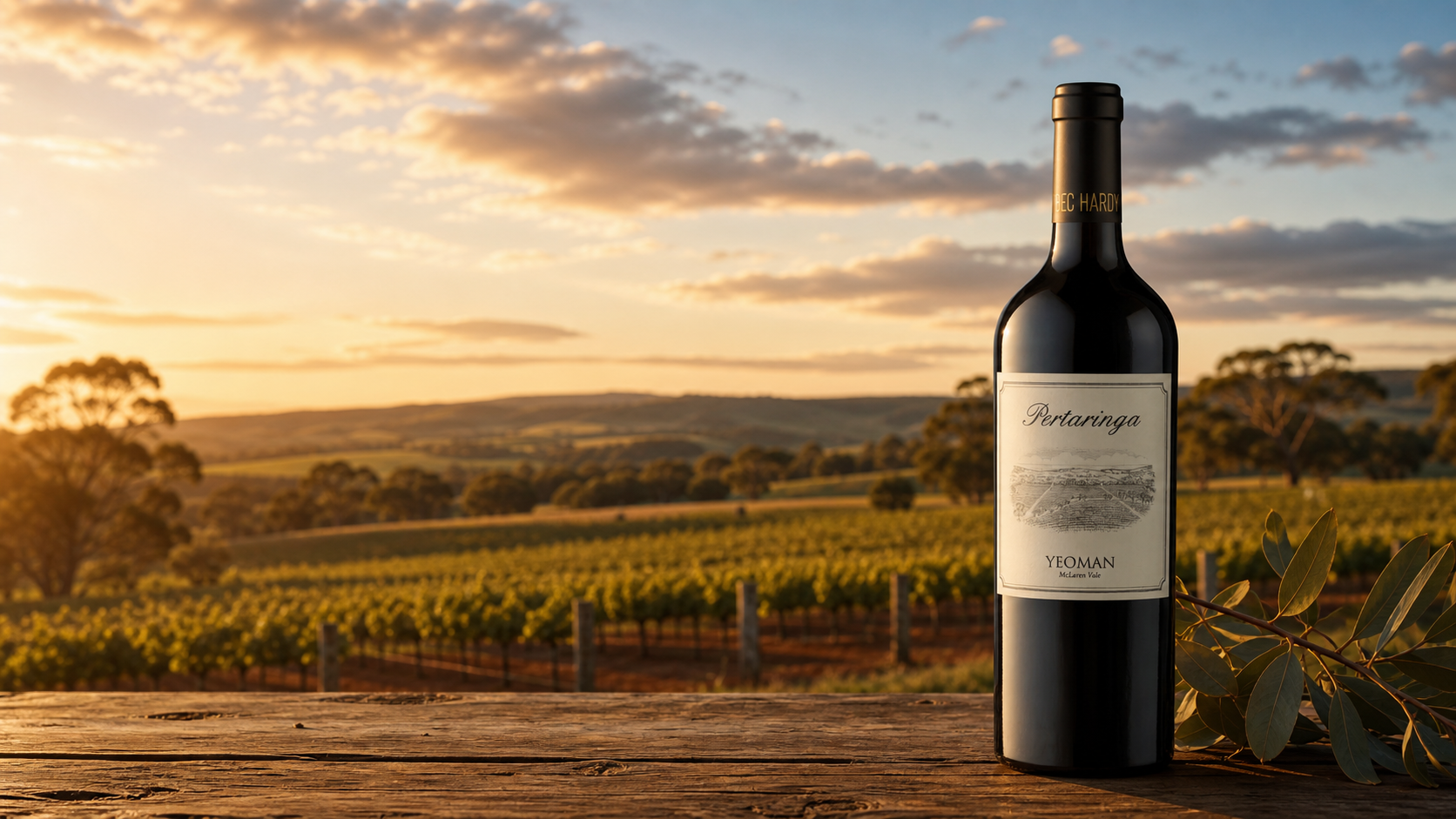 Bottle of Pertaringa Yeoman red wine on a weathered wooden table with a vineyard at sunset in the background.