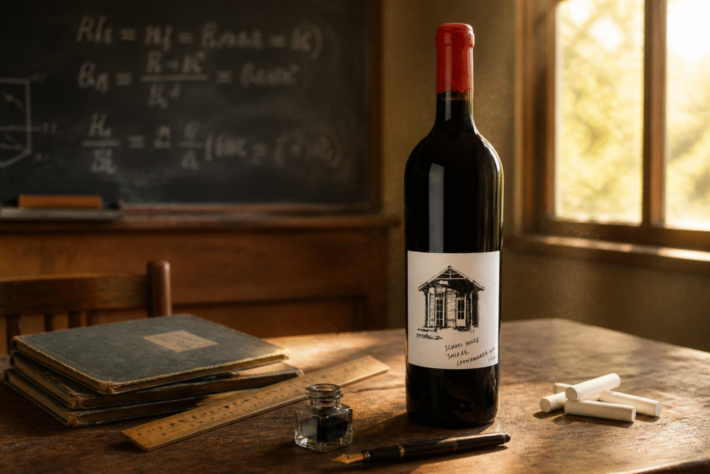 Wine bottle with a schoolhouse label on a wooden desk in a sunlit classroom scene, chalkboard in the background.