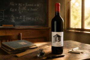 Wine bottle with a schoolhouse label on a wooden desk in a sunlit classroom scene, chalkboard in the background.