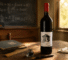 Wine bottle with a schoolhouse label on a wooden desk in a sunlit classroom scene, chalkboard in the background.