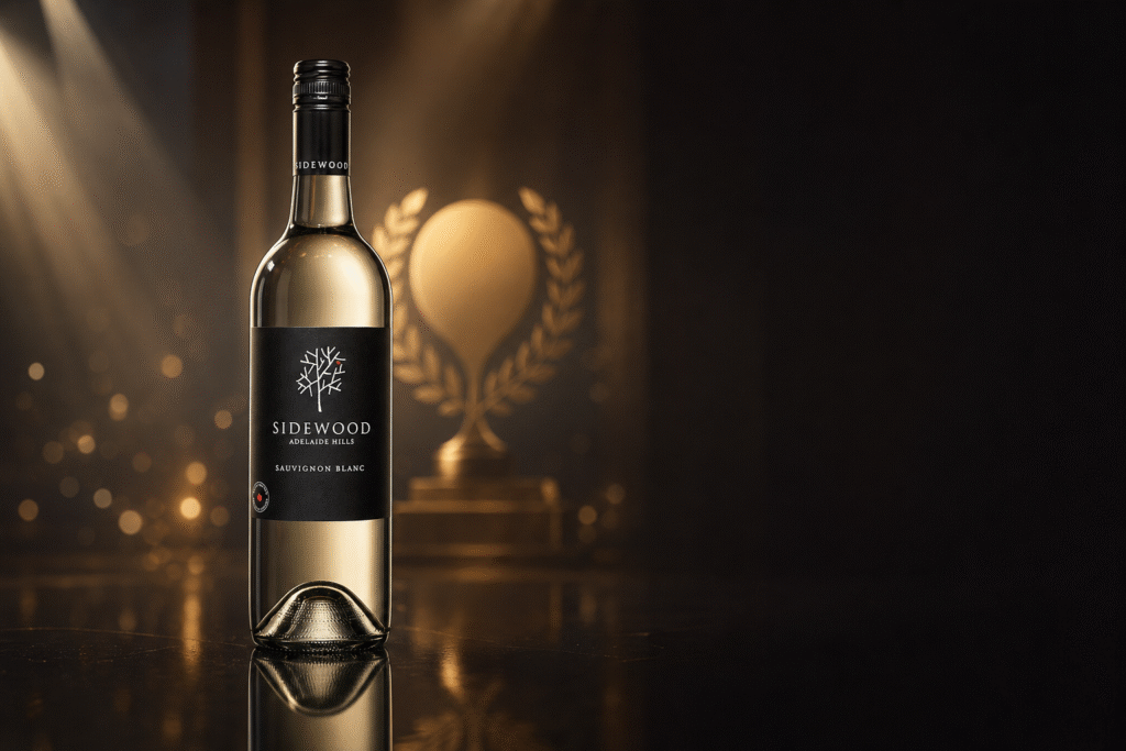 Bottle of Sidewood Sauvignon Blanc on a reflective surface with a golden award statue in the softly blurred background.