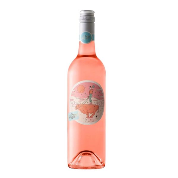 Pink sparkling beverage bottle with a vintage-style circular label featuring a person standing on an animal under a pink sky, against a white background.