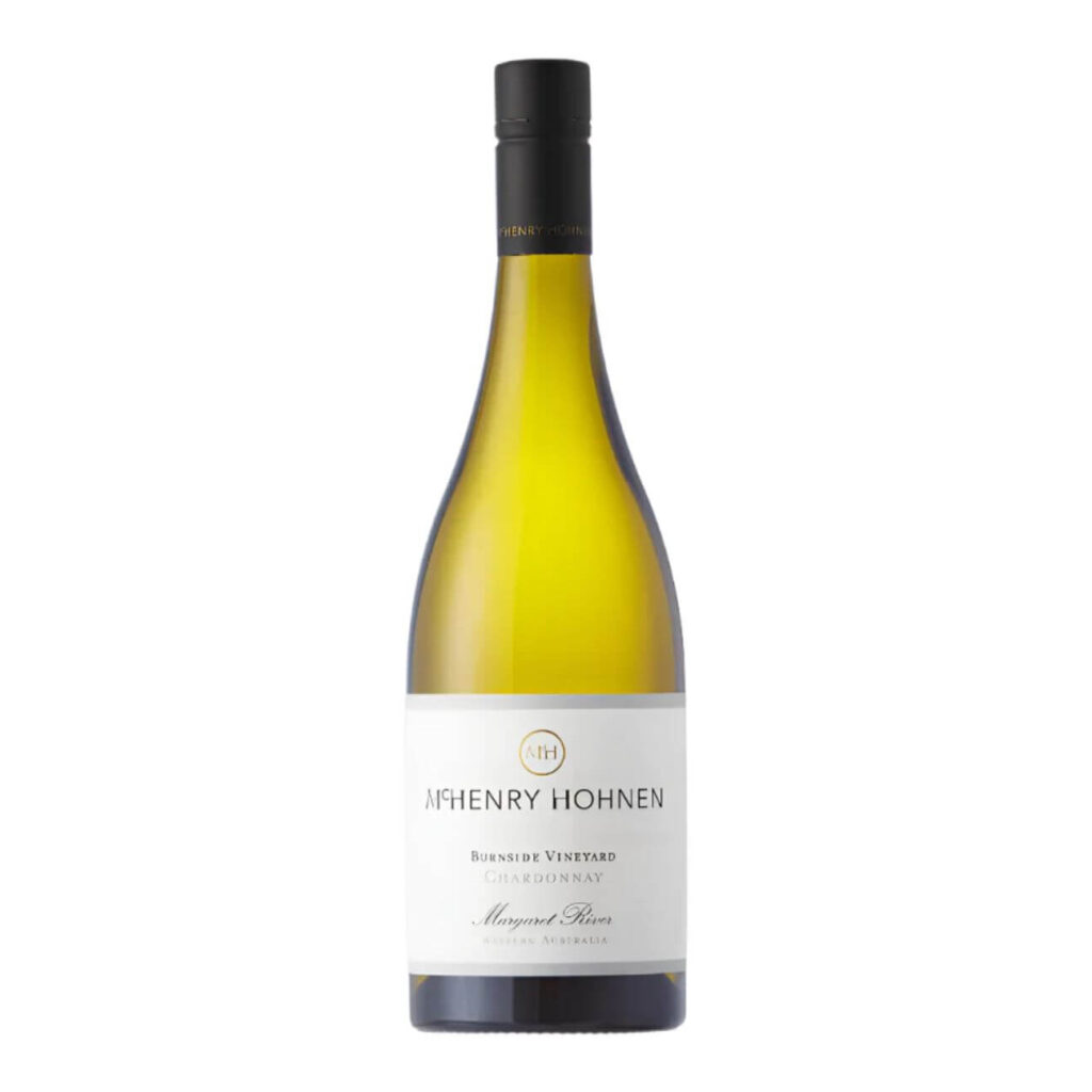 Bottle of McHenry Hohnen Chardonnay wine from Burnside Vineyard, Margaret River, with a white label.