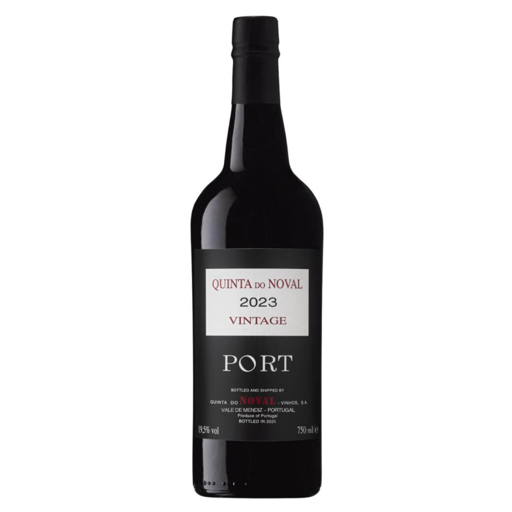 Port wine bottle labeled Quinta do Noval 2023 Vintage Port with a black label.