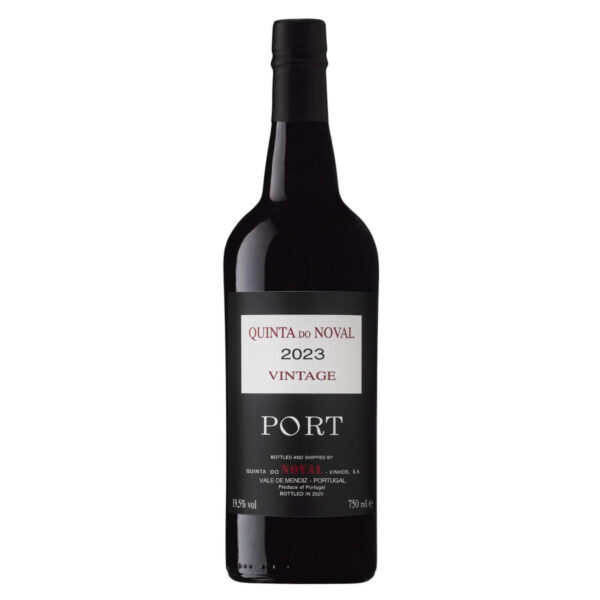 Port wine bottle labeled Quinta do Noval 2023 Vintage Port with a black label.