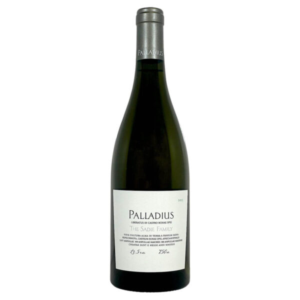 Wine bottle with white Palladius label reading 'The Sadie Family' and silver capsule on top.