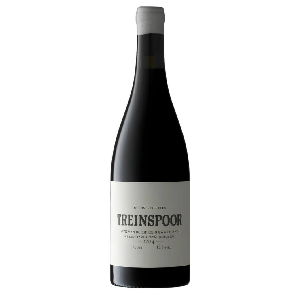 Bottle of red wine with a light gray label that reads 'TREINSPoor' and shows the year 2024, 750 ml, 13.5% ABV (informational image).