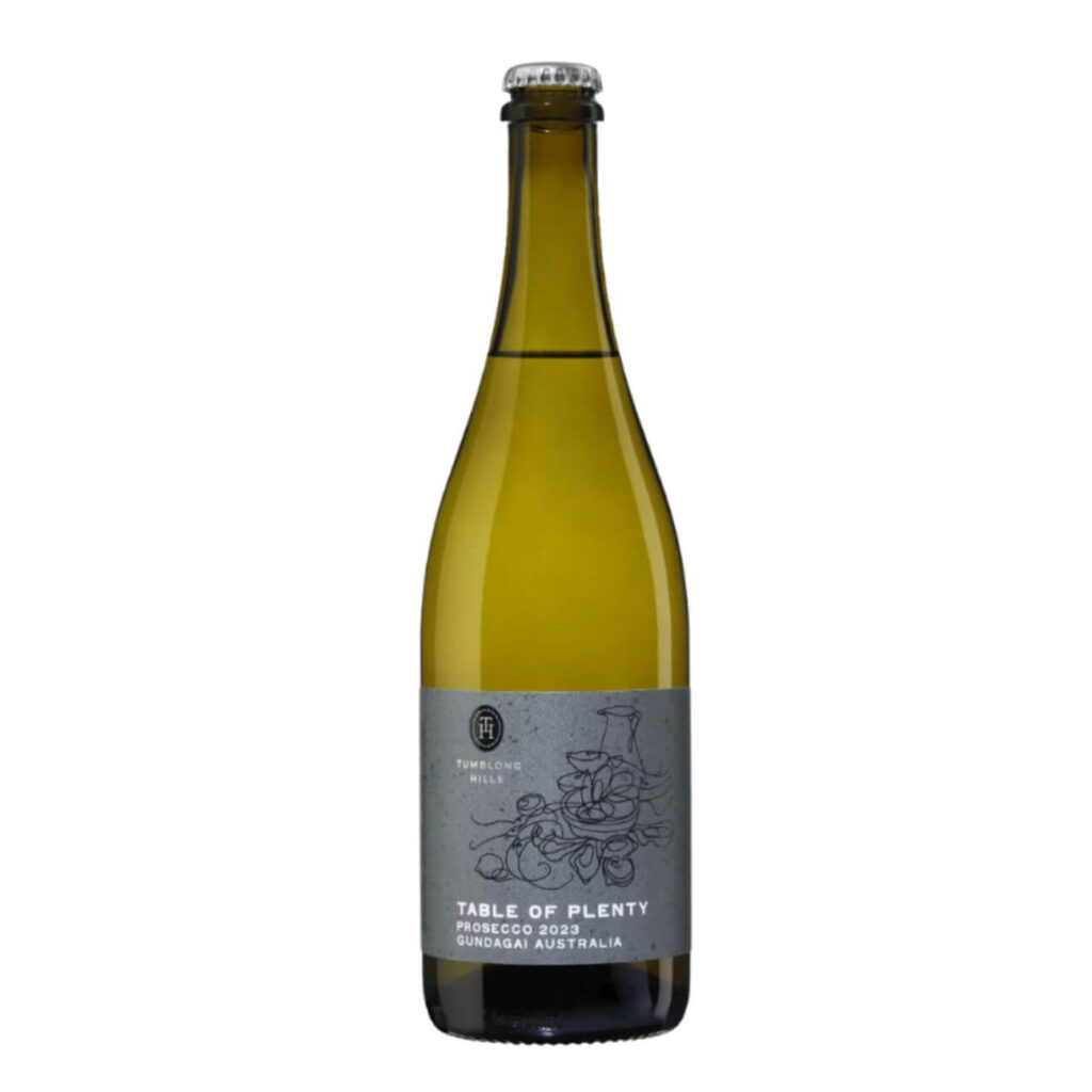Bottle of Table of Plenty Prosecco 2023 from Gundagai, Australia with a gray label.