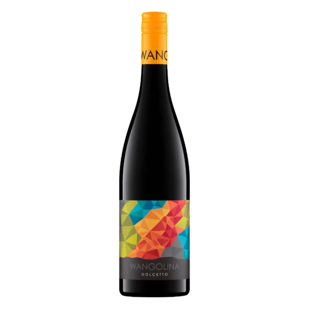 Wine bottle with a bright orange capsule and a color‑blocked geometric label; text on label reads 'WANGOLINA Dolcetto' (product image)