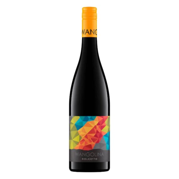 Wine bottle with a bright orange capsule and a color‑blocked geometric label; text on label reads 'WANGOLINA Dolcetto' (product image)