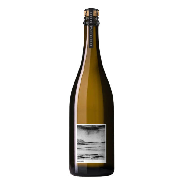 Brown champagne bottle with cork and wire cage, label shows a black-and-white landscape image on the front panel.