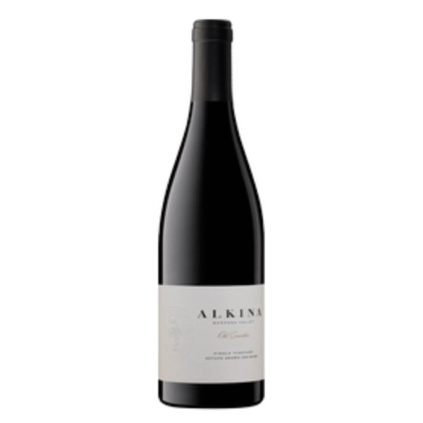 Tall dark wine bottle with a pale label, standing upright. (Red wine)
