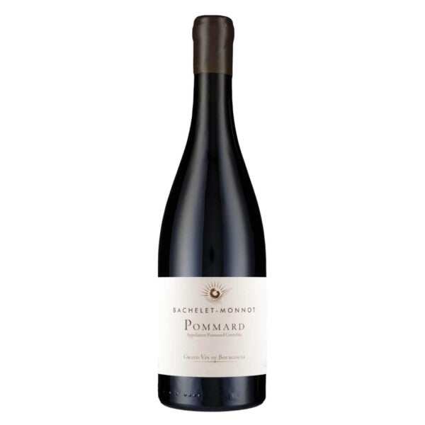 Full-length image of a dark wine bottle with a cream label reading 'Bachelet-Monnot Pommard Grand Vin de Bourgogne'