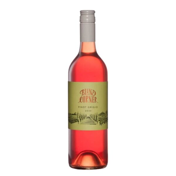 Bottle of pink wine with a beige label reading 'Blind Corner Pinot Grigio 2022' and vineyard artwork on the label.