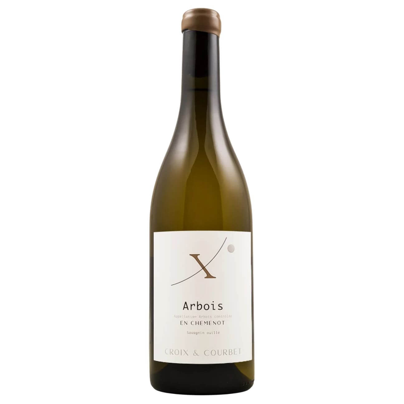 Croix & Courbet Arbois En Chemenot Savagnin Ouillé 2022 Bottle of white wine with a white label showing 'Arbois' and 'Croix & Courbet' on a plain background