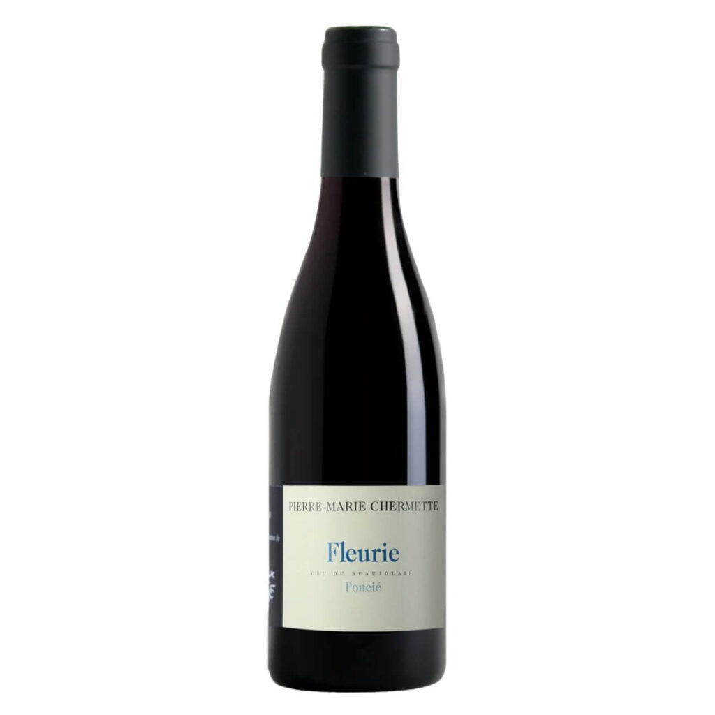 Bottle of Fleurie wine by Pierre-Marie Chermette, Beaujolais cru, with a cream label reading Fleurie.