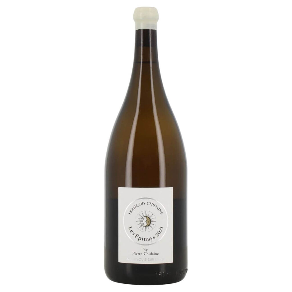 Bottle of Les Epinais 2021 wine by Pierre Chidaine on a white background with a white foil cap and label showing a sun emblem