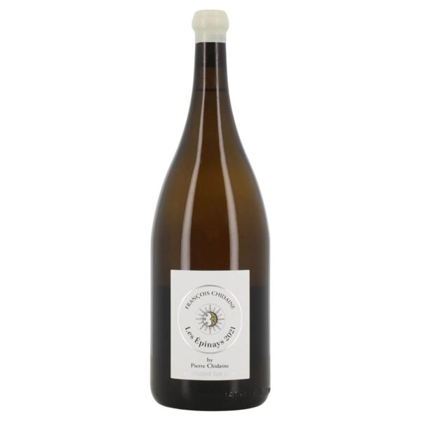 Bottle of Les Epinais 2021 wine by Pierre Chidaine on a white background with a white foil cap and label showing a sun emblem