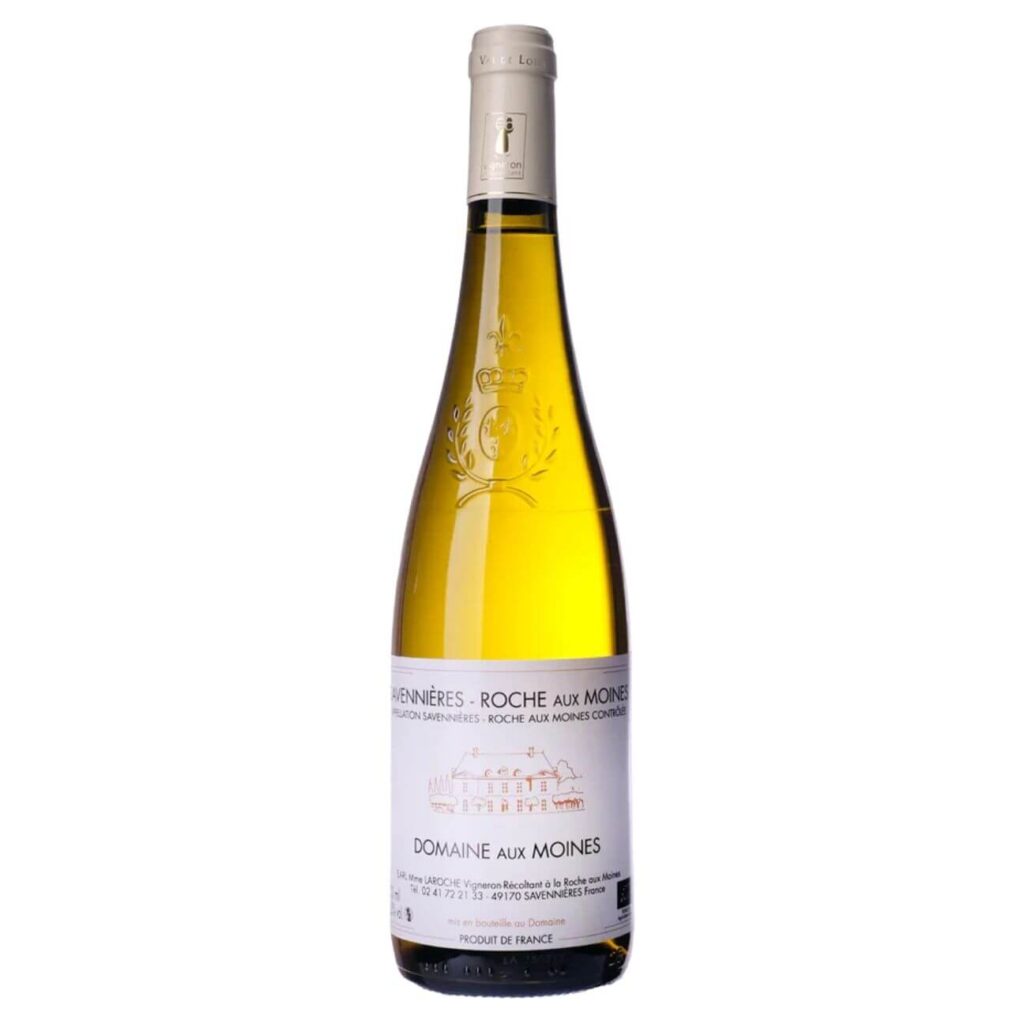 White wine bottle with embossed design and white label reading 'Domaine Aux Moines' and 'Savennieres Roche Aux Moines' on a white background.
