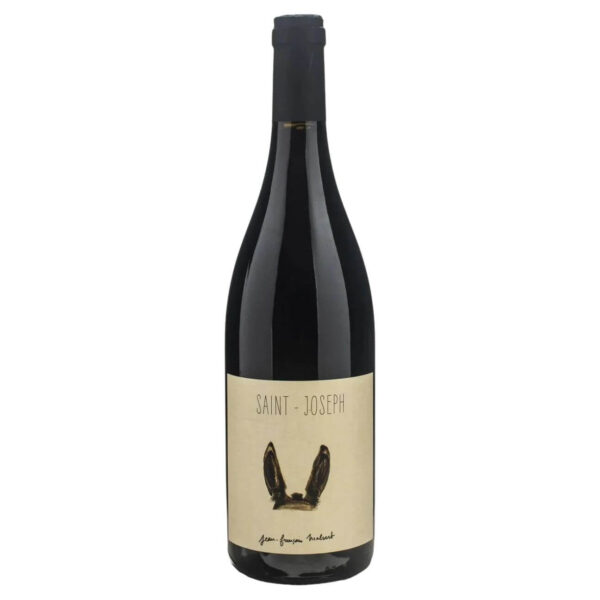 Wine bottle with beige label reading Saint-Joseph and a simple black bunny-ear illustration on the front.