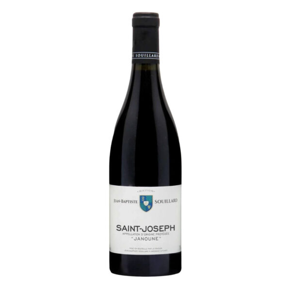 Bottle of Saint-Joseph red wine with white label reading "Saint-Joseph" and crest, bottled by Jean-Baptiste Souillard, name "Janoune" on the label