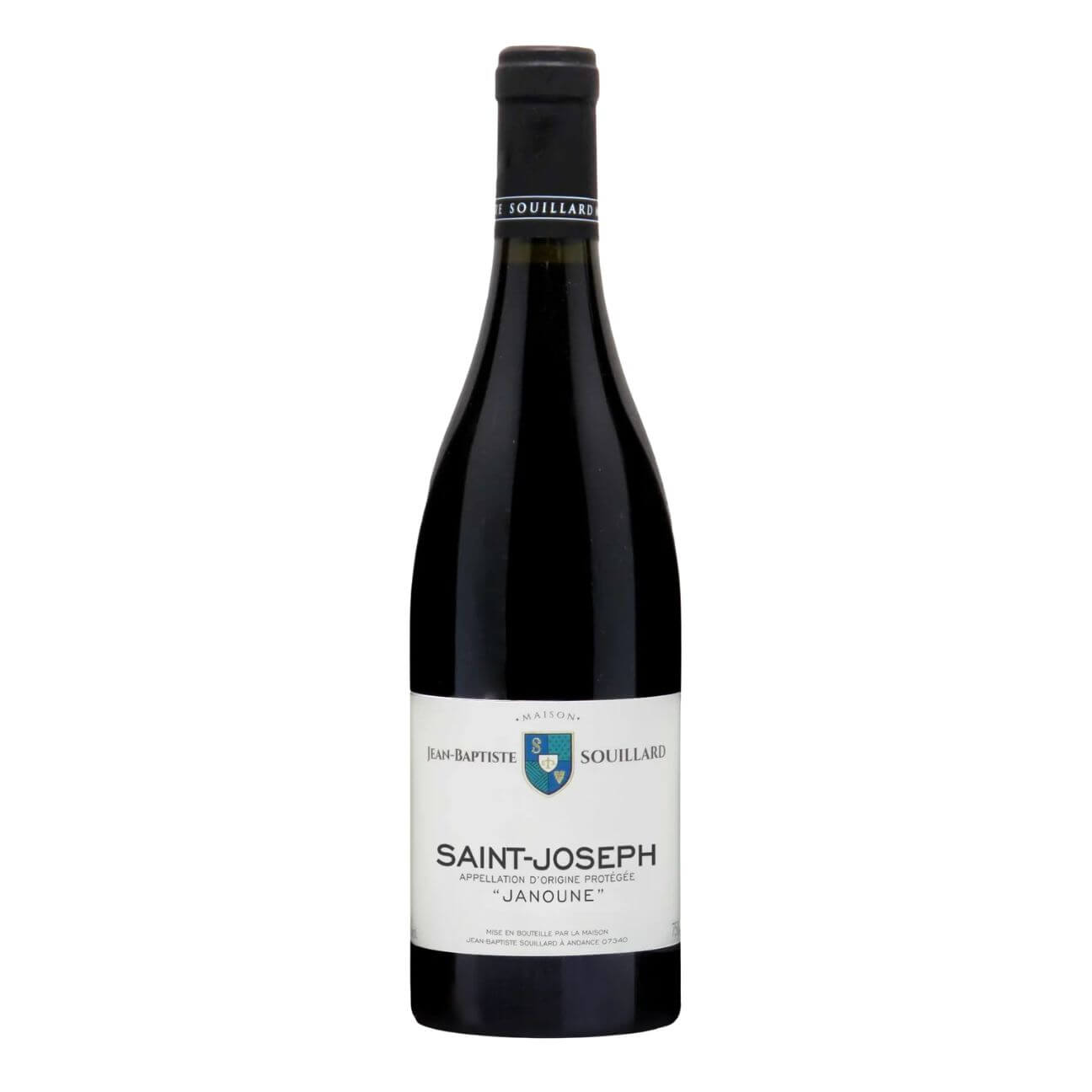 Jean-Baptiste Souillard Saint-Joseph Janoune 2021 Bottle of Saint-Joseph red wine with white label reading "Saint-Joseph" and crest, bottled by Jean-Baptiste Souillard, name "Janoune" on the label
