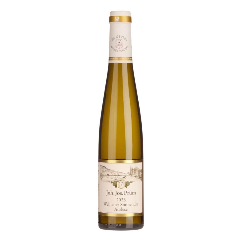 Wine bottle labeled Joh. Jos. Prüm 2023 Wehlener Sonnenuhr Auslese on a white background