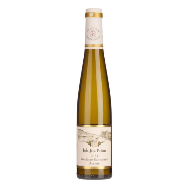 Wine bottle labeled Joh. Jos. Prüm 2023 Wehlener Sonnenuhr Auslese on a white background