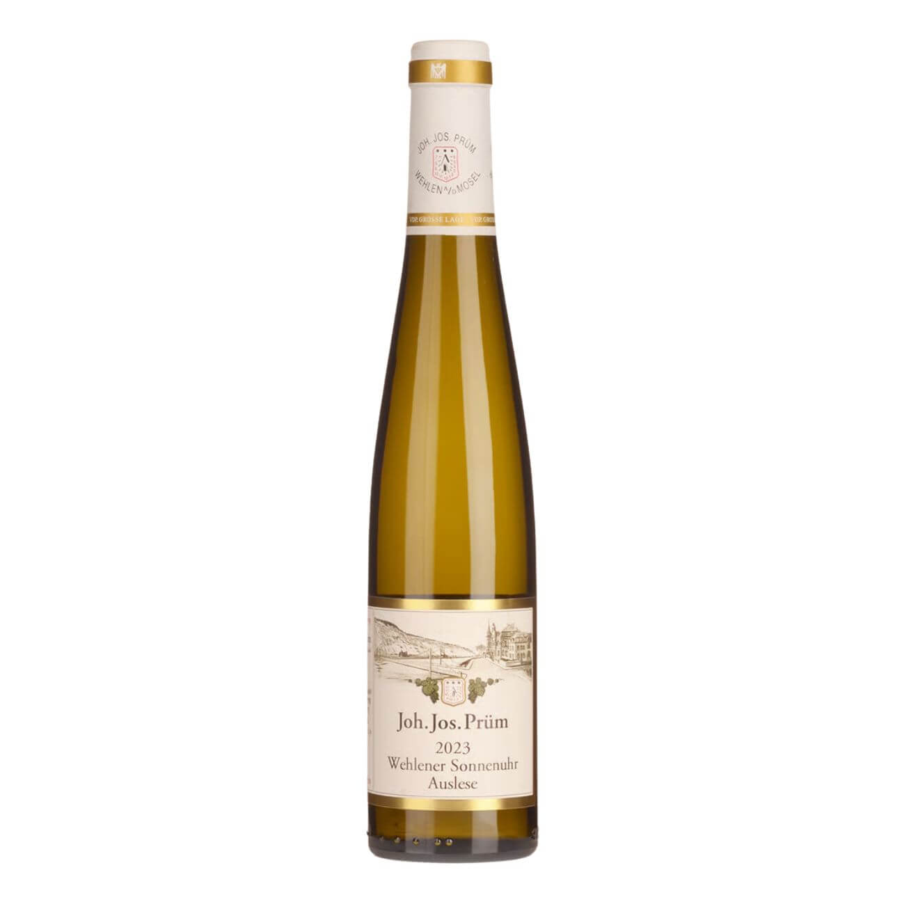 Joh Jos Prüm Wehlener Sonnenuhr Riesling Auslese 2023 (375ml) Wine bottle labeled Joh. Jos. Prüm 2023 Wehlener Sonnenuhr Auslese on a white background