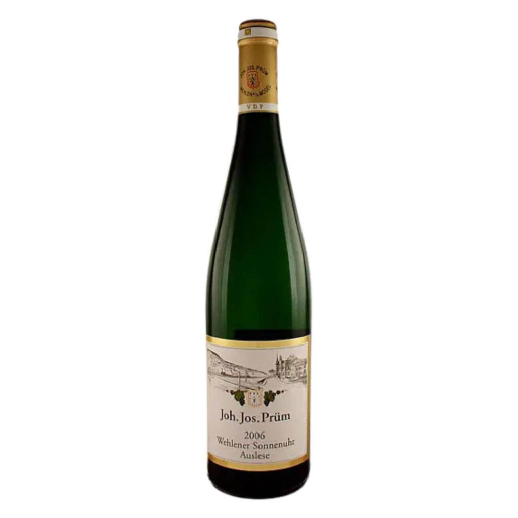 Wine bottle with gold foil cap; label reads 'Joh. Jos. Prüm' and '2006 Wehlener Sonnenuhr Auslese'.