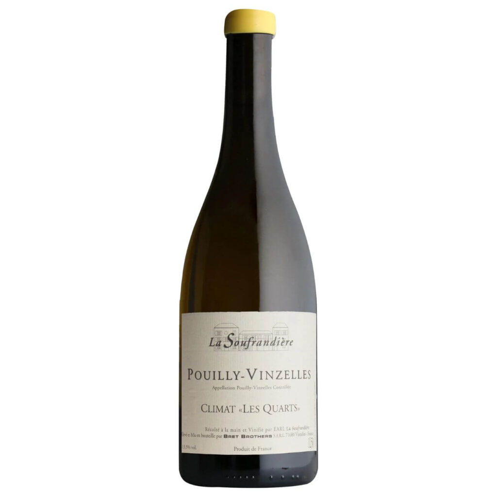 Bottle of Pouilly-Vinzelles wine with a pale cream label and yellow cap on a white background.