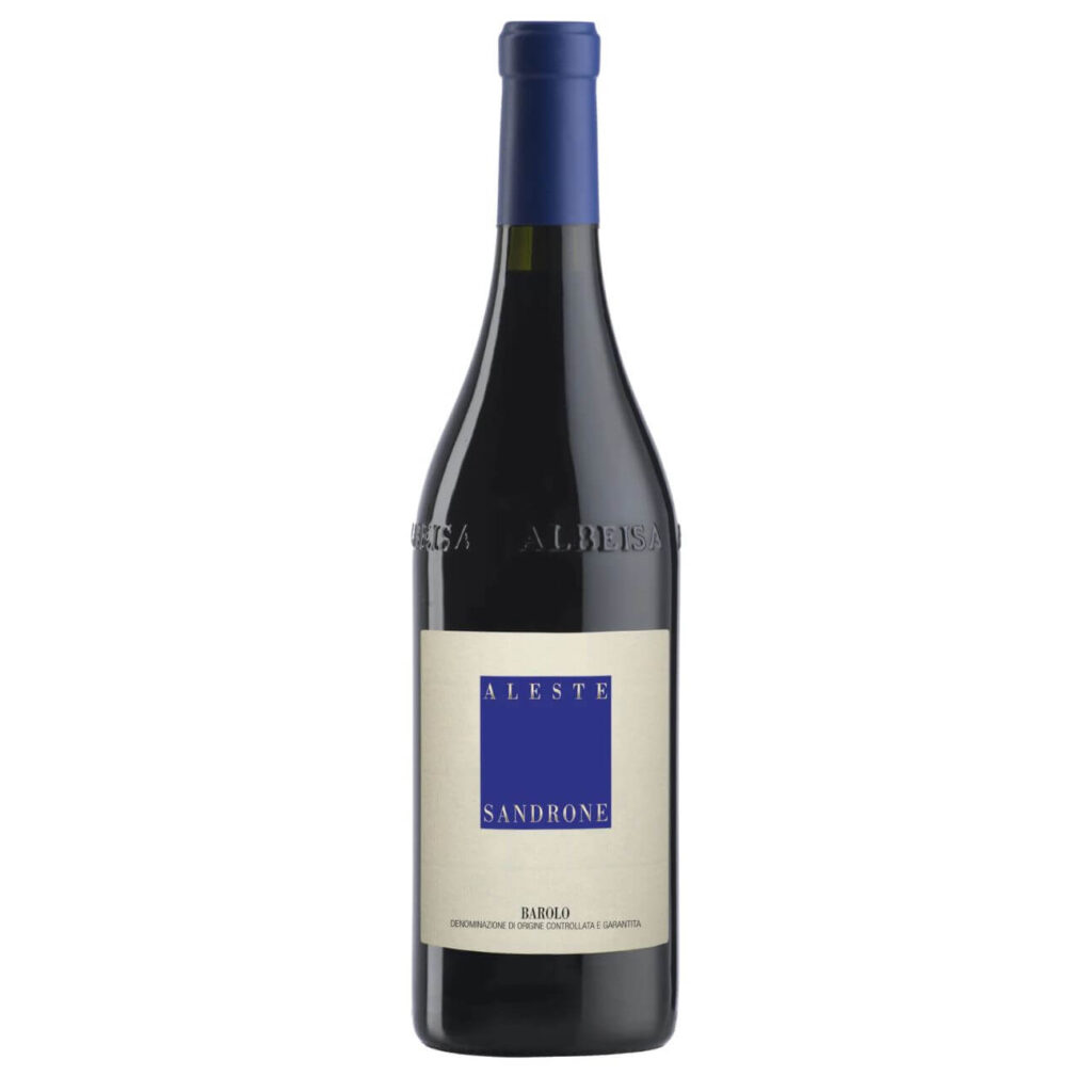 Bottle of Barolo wine labeled 'Aleste' by Sandrone, with a blue square label on a light background