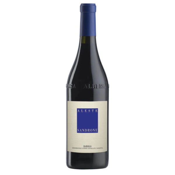 Bottle of Barolo wine labeled 'Aleste' by Sandrone, with a blue square label on a light background