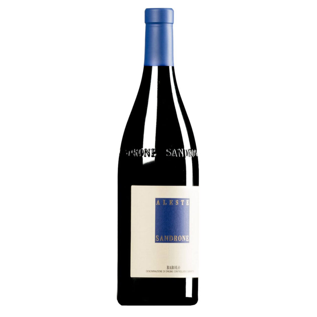 Bottle of Barolo red wine with a cream label and a blue square, standing upright with a blue foil capsule.