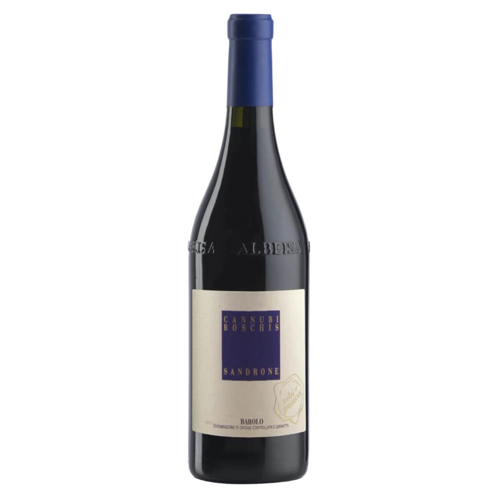 Bottle of Cannubi Boschis Sandrone Barolo wine with a blue foil capsule and cream label featuring a purple square logo