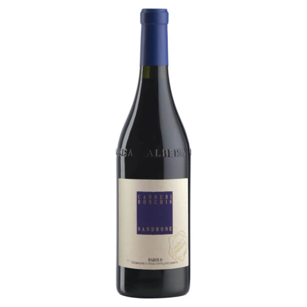 Bottle of Cannubi Boschis Sandrone Barolo wine with a blue foil capsule and cream label featuring a purple square logo