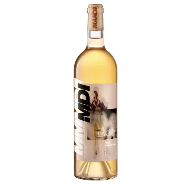 Tall amber liquor bottle with cork, featuring a collage-style label and bold vertical text.